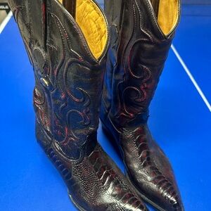 Los Altos Ostrich Skin Black and Red Western Boots